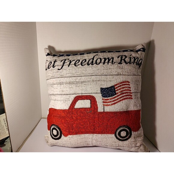 Patriotic Pillow With Iconic Red Pickup & American Flag With The Saying "Let... - Picture 2 of 5